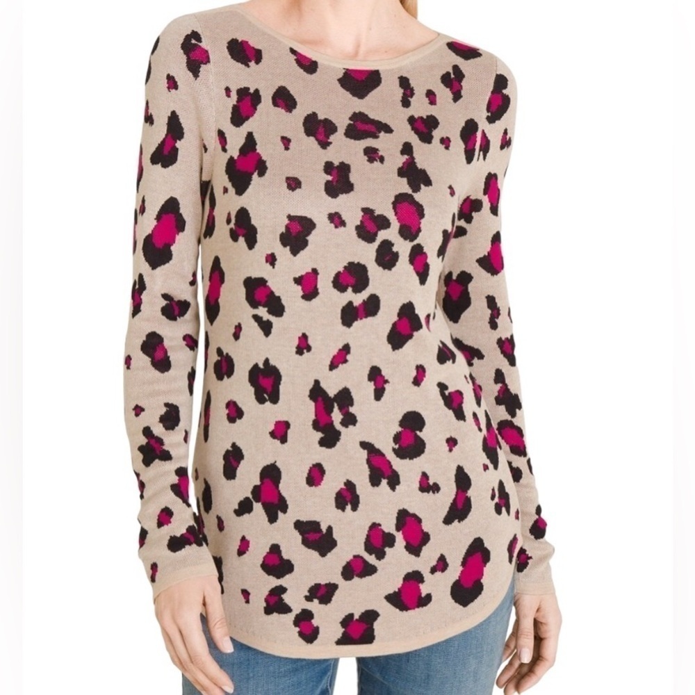 Chico’s animal print fushcia pink knit 100% rayon top long sleeve small petite